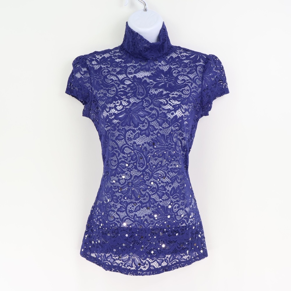 Express Sheer Lace Blouse Womens Sz S Blue Floral Sequins Cap Sleeves Turtleneck